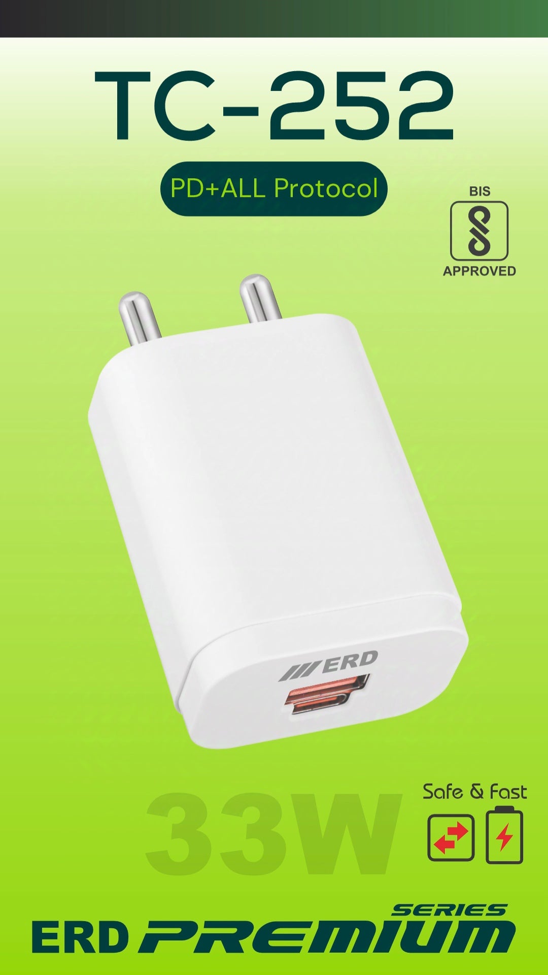 ERD TC-252 33W PD+QC+VOOC+TURBO Charger – Fast Charging with Intelligent Detection | BIS Approved