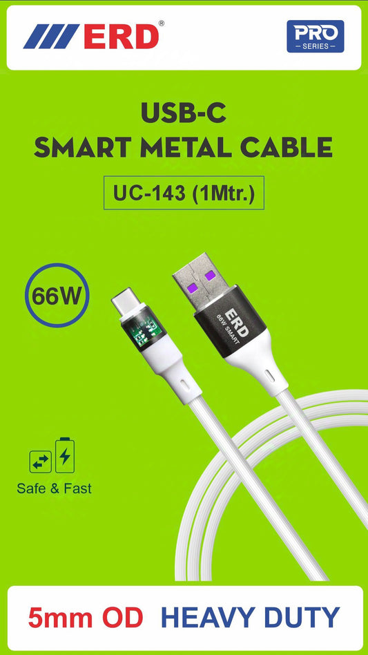 ERD UC-143 USB Type-C Turbo Charge Metal Data Cable – 66W Fast Charging & High-Speed Data Transfer | 1m Durable Cable for Android & Tablets – White