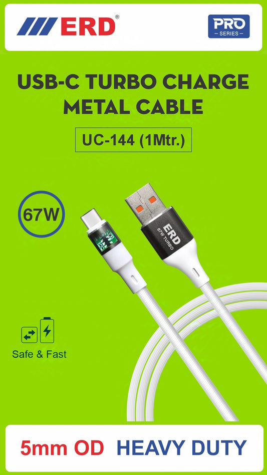 ERD UC-144 USB Type-C Turbo Charge Metal Data Cable – 67W Fast Charging & High-Speed Data Transfer | 1m Durable Cable for Android & Tablets – White