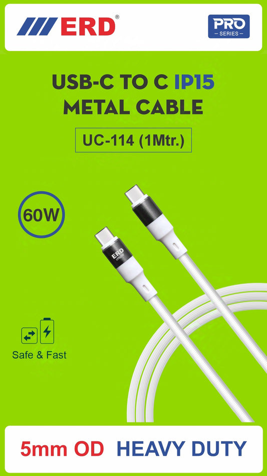 ERD UC-112 USB Type-C to Lightning Metal Data Cable – 25W Fast PD Charging & High-Speed Data Transfer | 1m Durable Cable for Apple Devices – White
