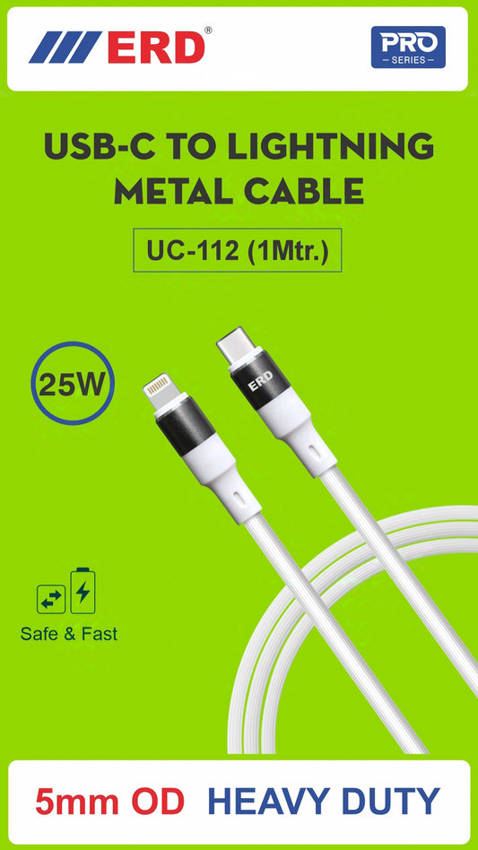 ERD UC-112 USB Type-C to Lightning Metal Data Cable – 25W Fast PD Charging & High-Speed Data Transfer | 1m Durable Cable for Apple Devices – White