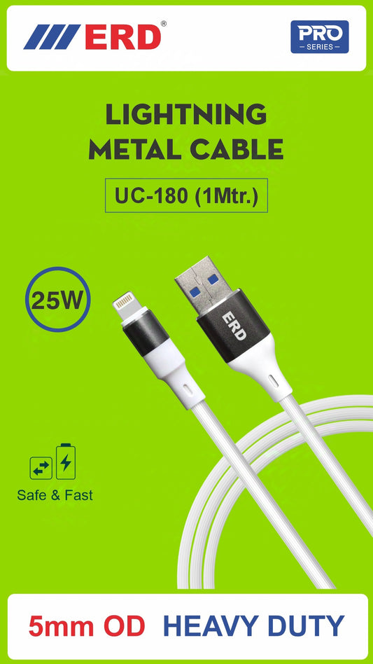 ERD UC-180 Lightning Metal Data Cable – 25W Fast Charging & High-Speed Data Transfer | 1m Durable Cable for iPhones & iPads – White