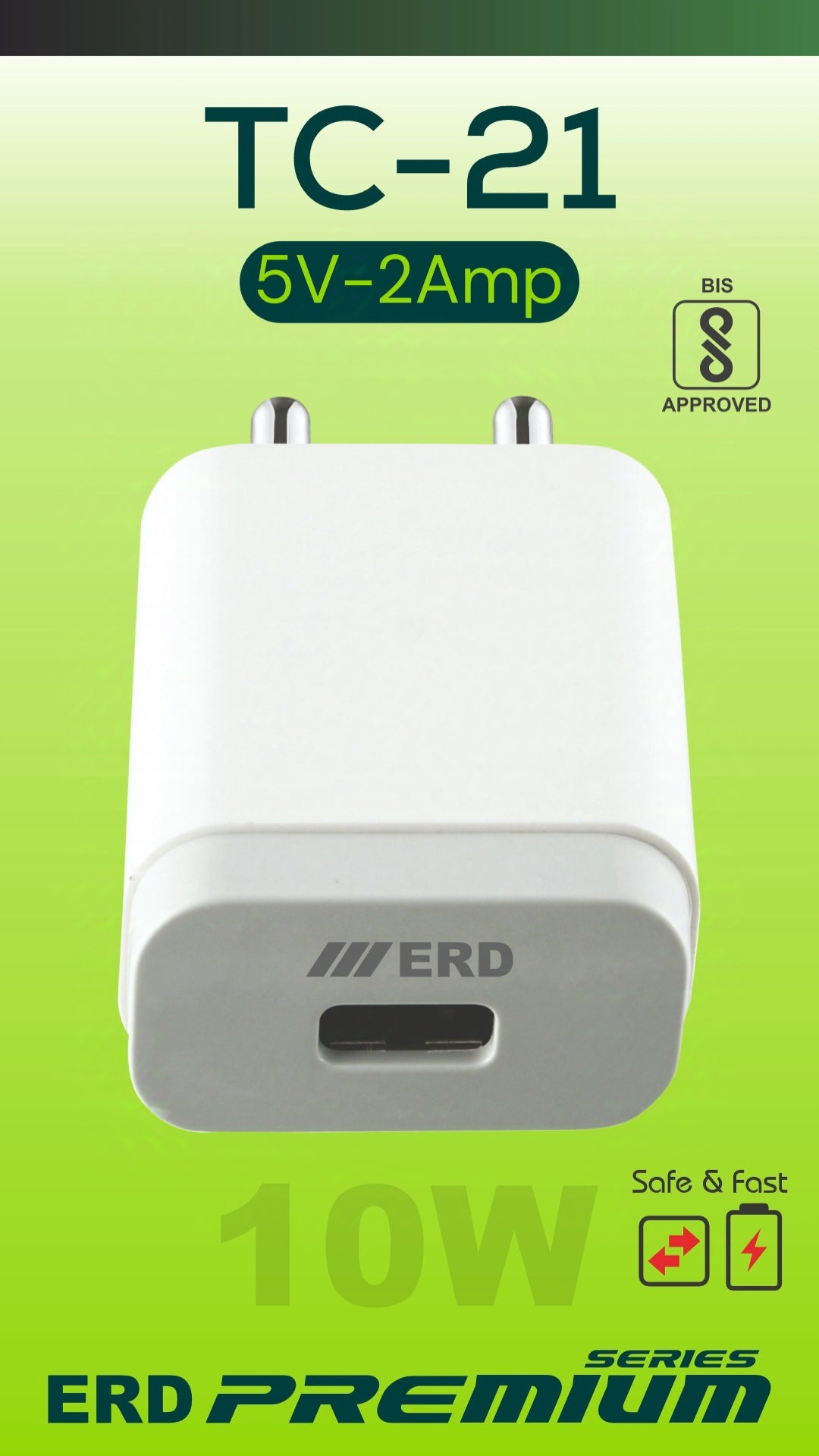 ERD TC-21 10W Fast Charging USB Wall Charger | Compact & Travel-Friendly Adapter