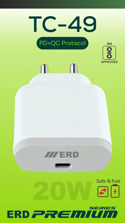 ERD TC-49 Premium 20W USB-C Charger with USB-C to C Cable | PD + QC Fast Charging Adapter