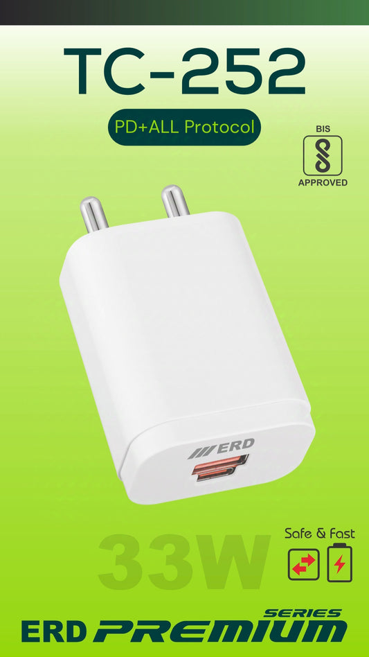 ERD TC-252 33W PD+QC+VOOC+TURBO Charger – Fast Charging with Intelligent Detection | BIS Approved