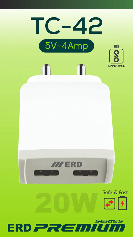 TC-42 Dual Port Micro USB Charger | 5V-4A | 20W | BIS Approved | Fast & Safe Charging