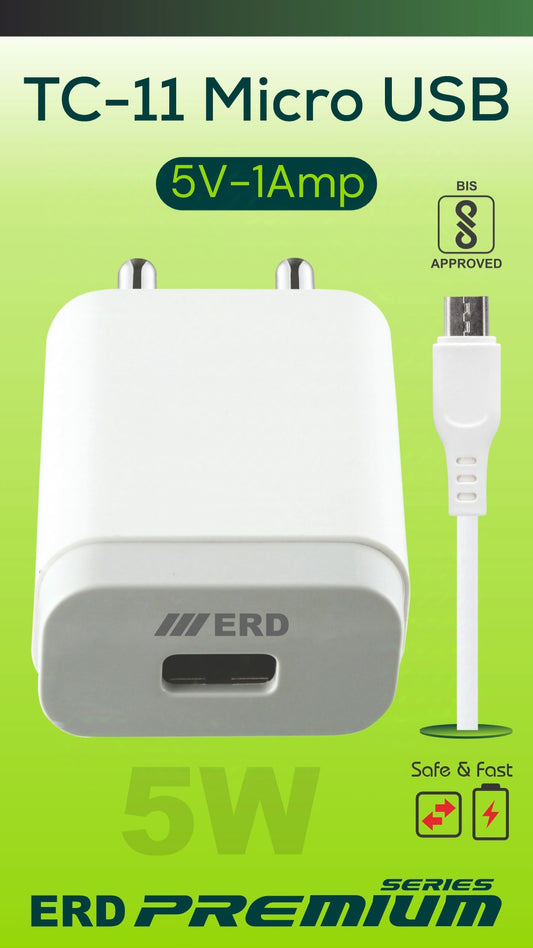 TC-11 Micro USB Charger | 5V-1A | BIS Approved | Safe & Fast Charging