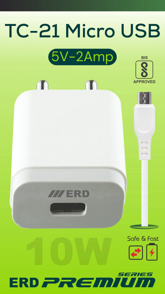 TC-21 Micro USB Charger | 5V-2A | BIS Approved | Fast & Safe Charging
