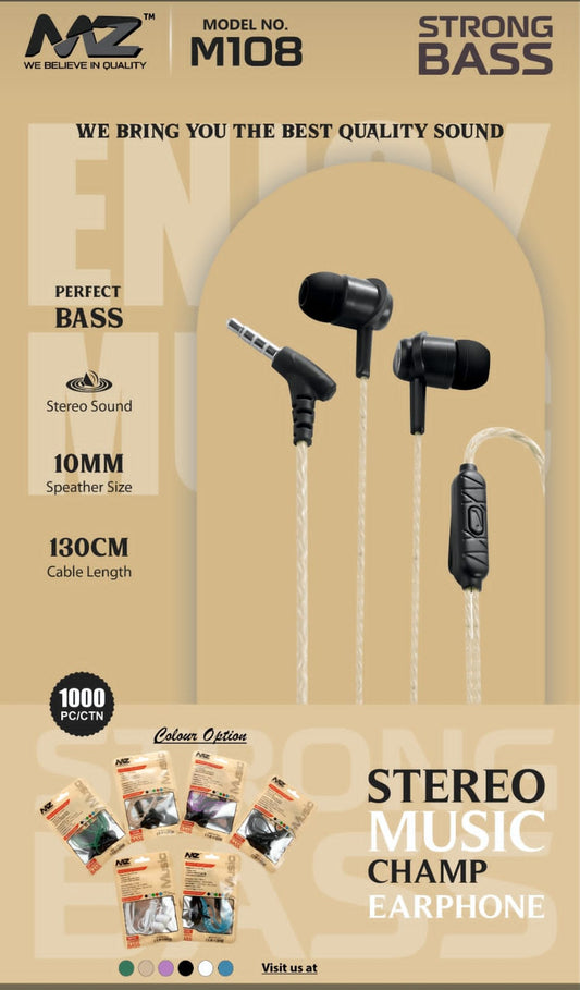 M108 Bass Earphones with 10mm Speaker & 130cm Cable – Powerful Sound & Deep Bass