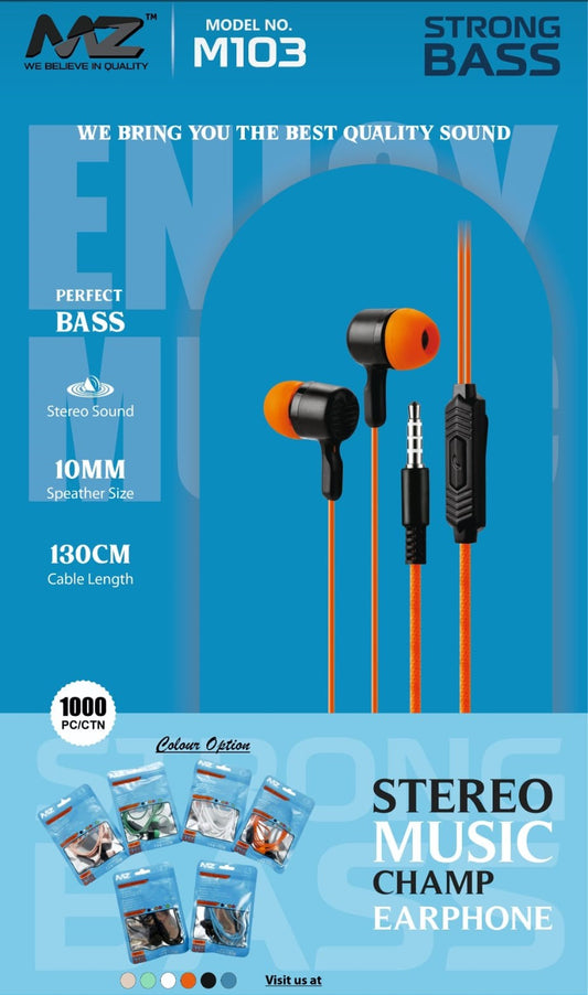 M103 Bass Earphones with 10mm Speaker & 130cm Cable – Powerful Sound & Deep Bass